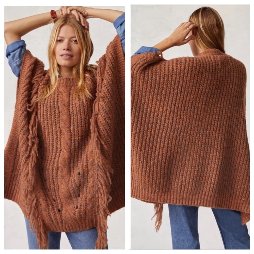NWT Anthropologie Marled Bronze Fringe Poncho